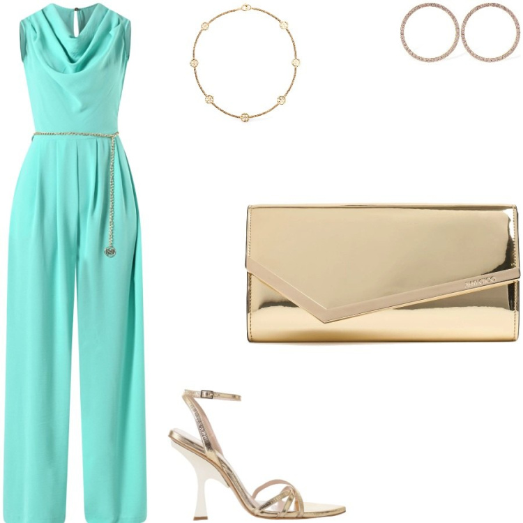 Outfit donna - Tuta con scollo sciallato. Stile Glamour per Serata fuori. Abbinamento con tute, sandali col tacco, orecchini, pochette, collane.