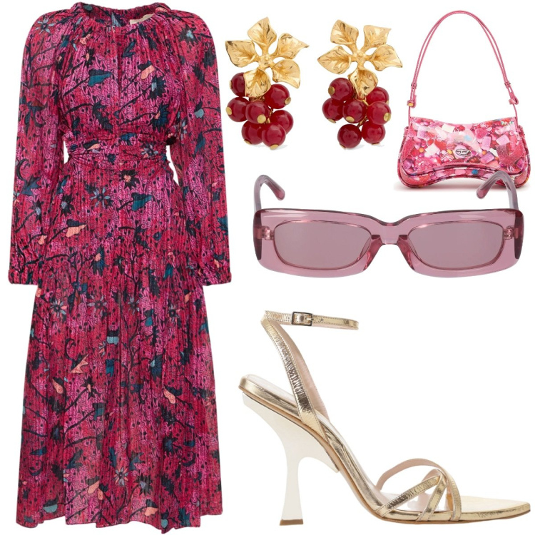 Outfit donna - Giornata con il proprio fida. Stile Romantica per Serata fuori. look ideale per Tall. Abbinamento con sandali col tacco, borse a spalla, occhiali da sole, vestiti midi/longuette, orecchini.