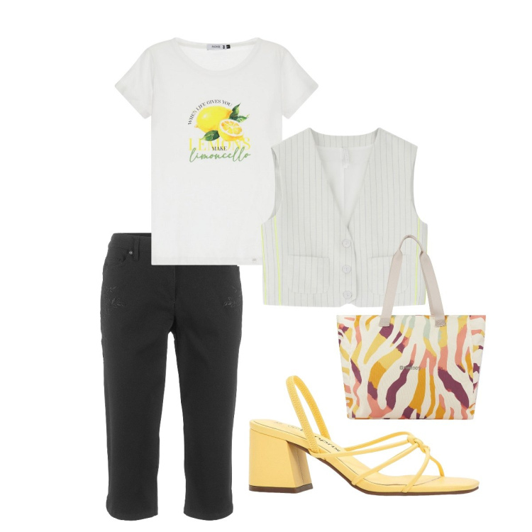 Outfit donna - Summer in the Office. Stile Casual per Tutti i giorni. Abbinamento con sandali col tacco, jeans slim fit, t-shirt, gilet, shopping bag.