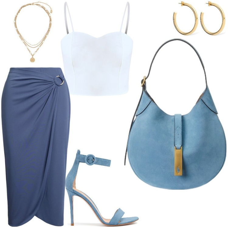 Outfit donna - La gonna con anello laterale. Stile Glamour per Serata fuori. Abbinamento con top, ciondoli, borse a spalla, gonne, orecchini, sandali in pelle.