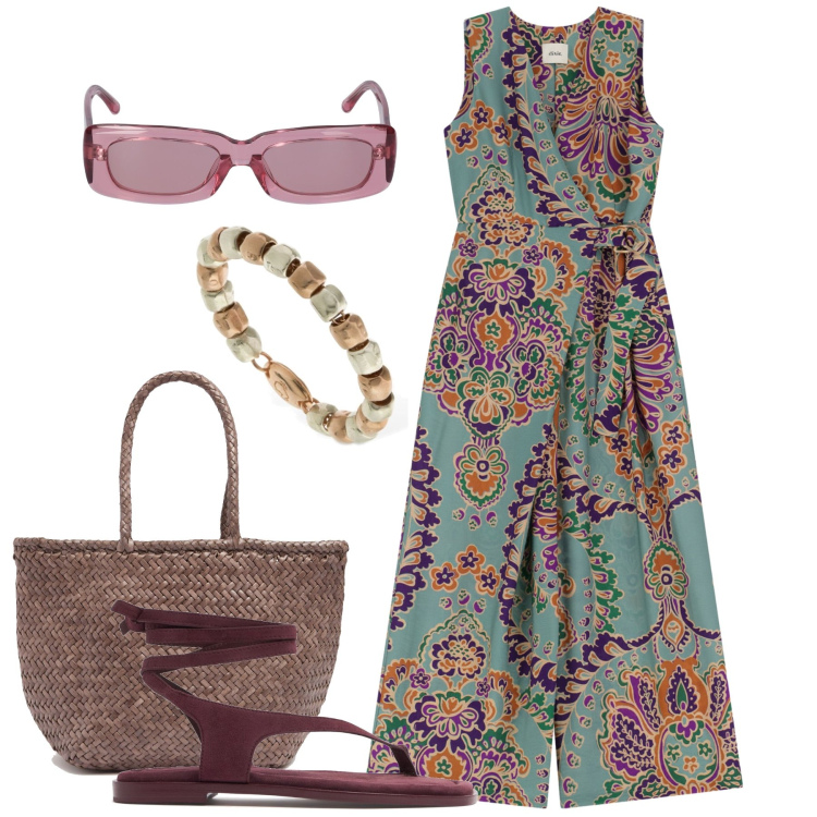 Outfit donna - La jumpsuite passpartout. Stile Trendy per Tutti i giorni. Abbinamento con tute, anelli, borse a mano, occhiali da sole, sandali in pelle.
