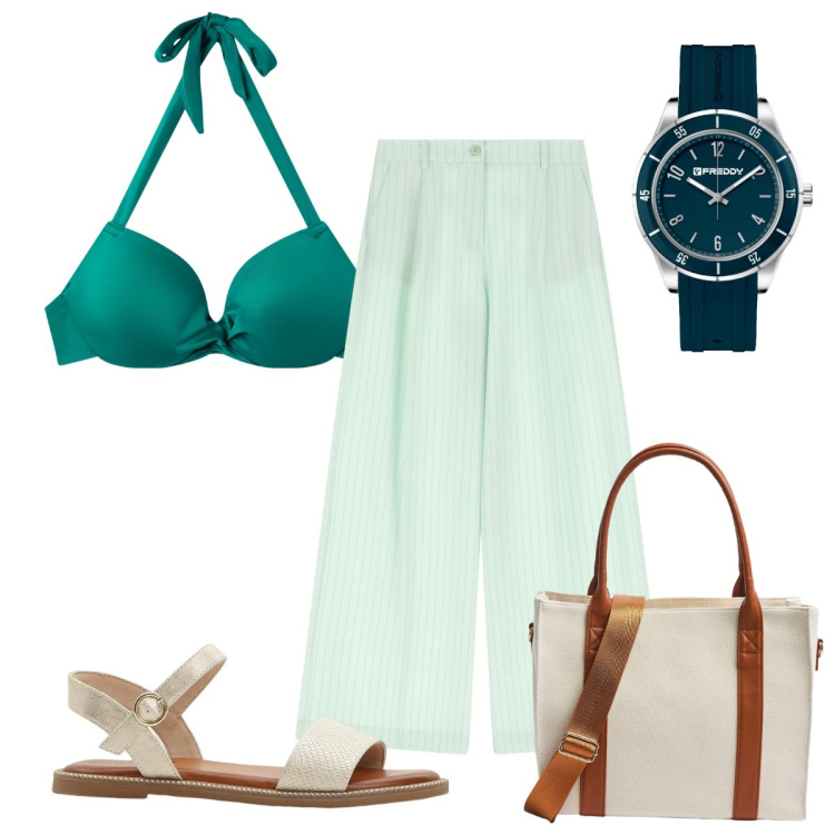 Outfit donna - Total look #2211974. Stile Trendy per Mare. Abbinamento con sandali, bikini, shopping bag, pantaloni a palazzo, orologi.