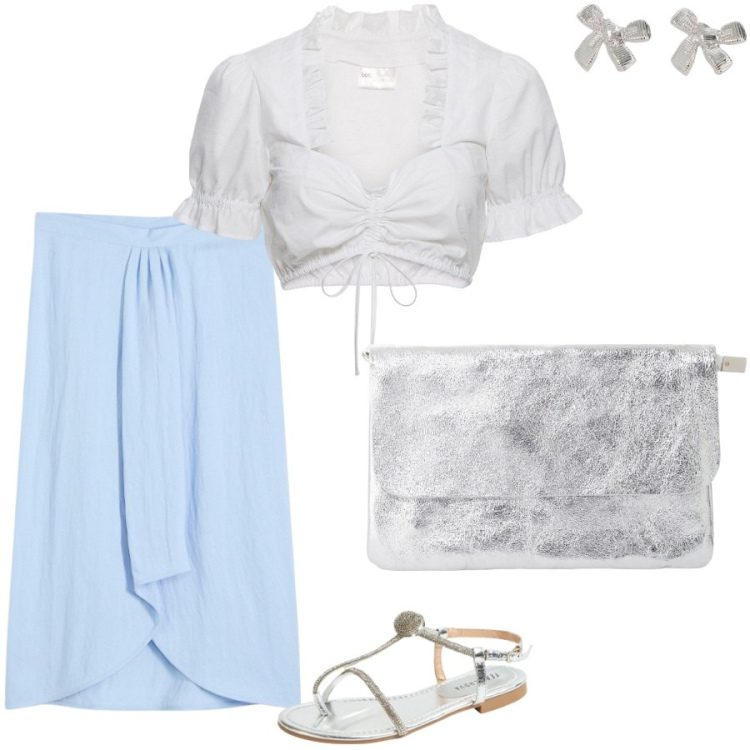 Outfit donna - La gonna con piegone centrale. Stile Casual chic per Tutti i giorni. Abbinamento con camicie, gonne longuette, ciabatte, orecchini, borse a tracolla.