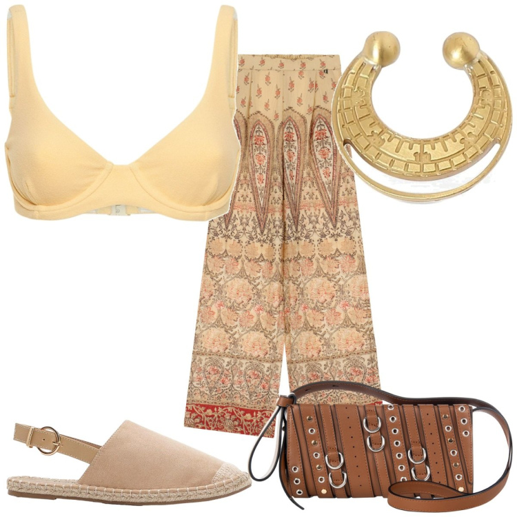 Outfit donna - Total look #2211979. Stile Etnico per Mare. Abbinamento con espadrillas, borse a spalla, pantaloni, bikini, orecchini.