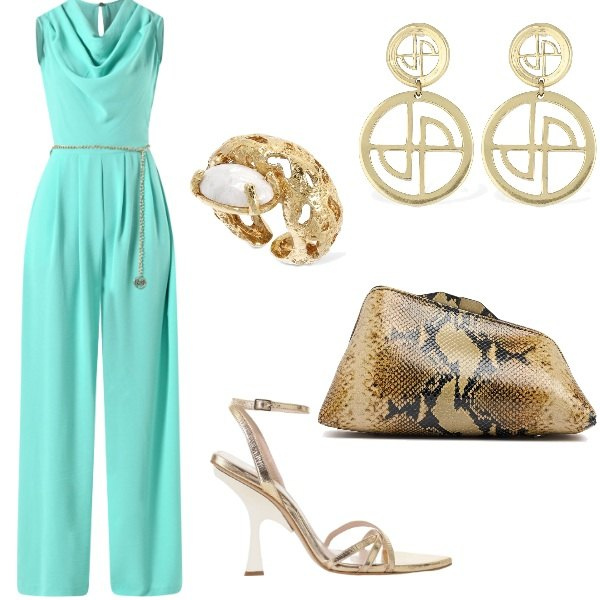 Outfit donna - Matrimonio in vista. Stile Glamour per Cerimonia. Abbinamento con tute, sandali col tacco, anelli, orecchini, pochette.