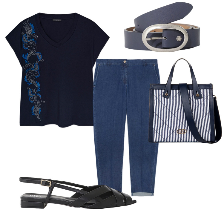 Outfit donna - Oggi in blu. Stile Casual per Tutti i giorni. Abbinamento con shopping bag, sandali, cinture, t-shirt, jeans dritti.