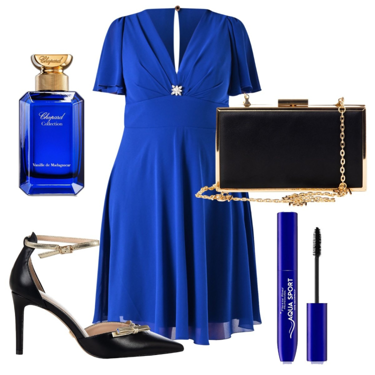 Outfit donna - Cerimonia a settembre (curvy). Stile Chic per Cerimonia. Abbinamento con profumi, mascara, pochette, décolleté, vestiti midi/longuette.