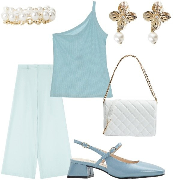 Outfit donna - A cena fuori. Stile Casual chic per Serata fuori. Abbinamento con décolleté, borse a tracolla, pantaloni, top, orecchini, braccialetti.