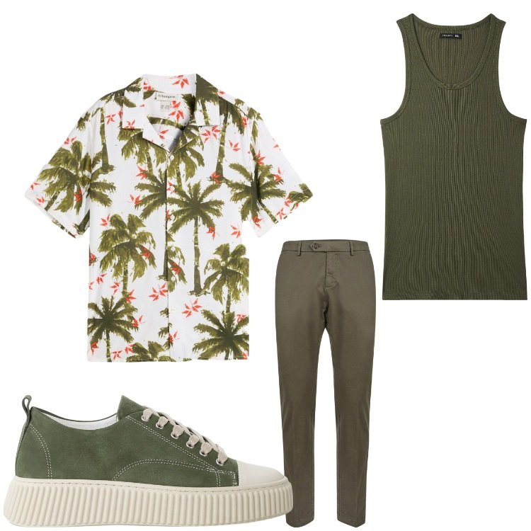 Outfit uomo - Palme. Stile Casual per Tutti i giorni. Abbinamento con camicie a manica corta, canottiere, sneakers, pantaloni chino.