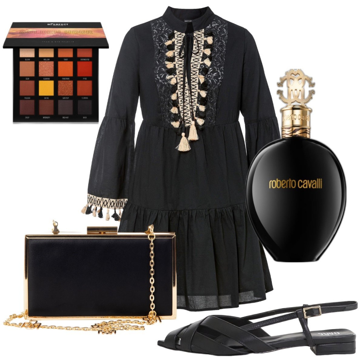 Outfit donna - Serata etnica. Stile Etnico per Serata fuori. Abbinamento con vestiti, profumi, terre, pochette, sandali.
