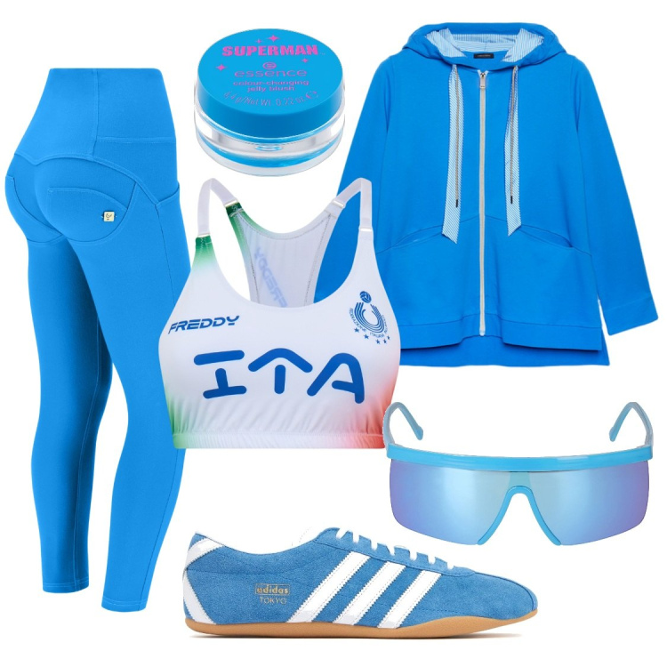 Outfit donna - Blu Italia. Stile Trendy per Sport. Abbinamento con blush, pantaloni skinny, top, felpe con cappuccio, sneakers, occhiali da sole.
