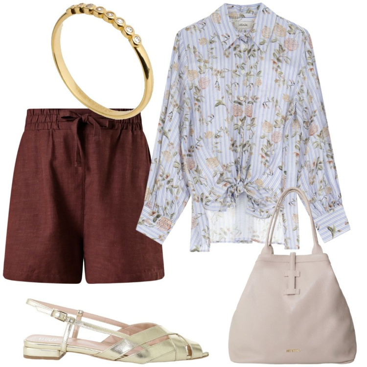 Outfit donna - Pomeriggio in città. Stile Casual chic per Tutti i giorni. Abbinamento con shorts, borse tote, camicie, sandali, anelli.