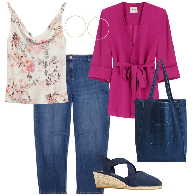 Outfit donna - La giacca fucsia. per Tutti i giorni. Abbinamento con sandali col tacco, shopping bag, canottiere, blazer, orecchini, jeans strappati.