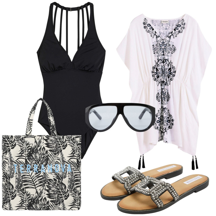 Outfit donna - Spiaggia low cost. Stile Casual chic per Mare. Abbinamento con vestiti da spiaggia, costumi interi, borse tote, ciabatte, occhiali da sole.