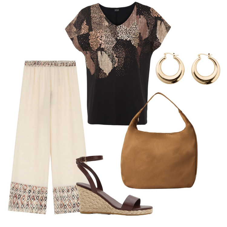Outfit donna - Mattinate di agosto. per Tutti i giorni. Abbinamento con maglieria, sandali, orecchini, borse a mano, pantaloni.