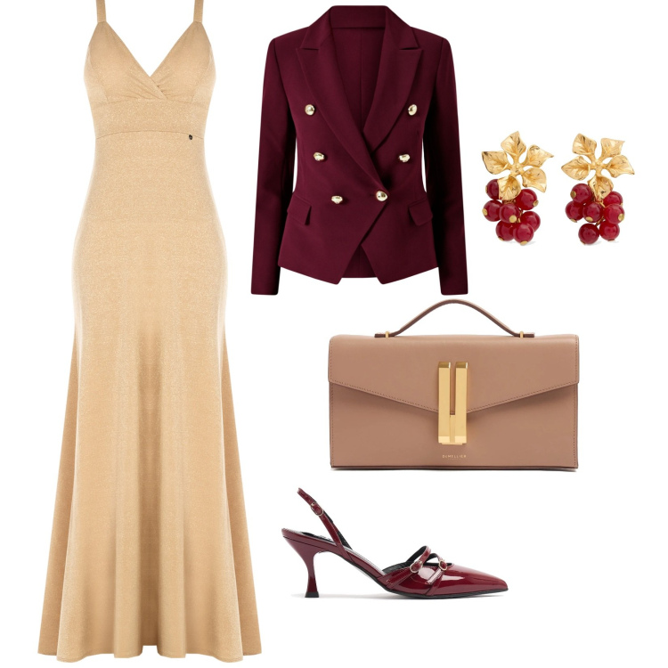 Outfit donna - Una serata importante. per Serata fuori. Abbinamento con blazer, vestiti lunghi, pochette, décolleté, orecchini.