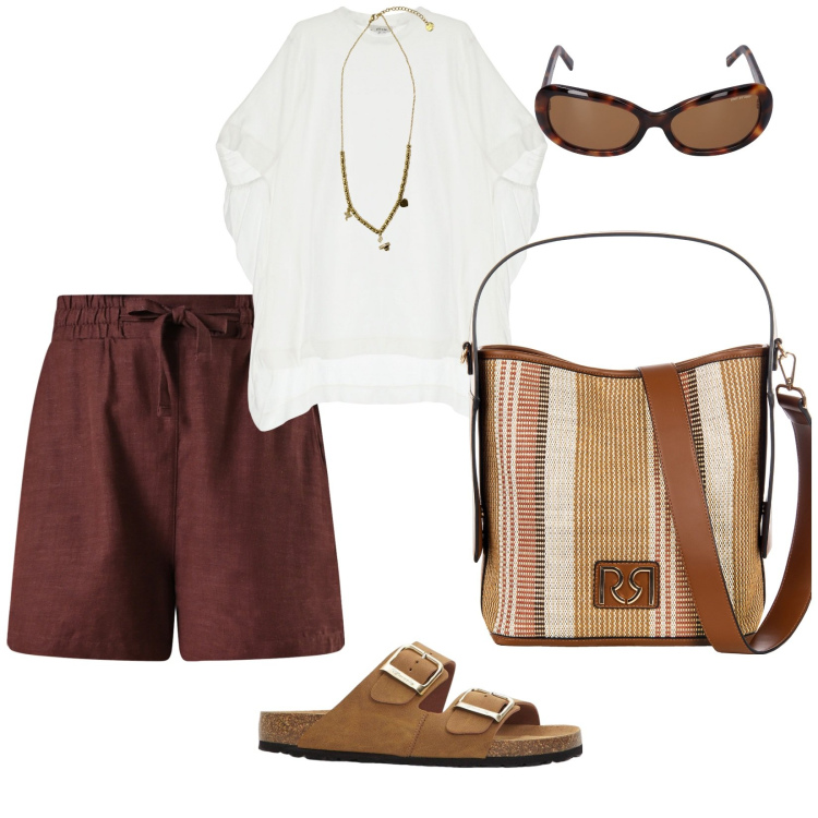 Outfit donna - Un caffè in riva al mare. per Mare. Abbinamento con ciabatte, shorts, borse a secchiello, ciondoli, t-shirt, occhiali da sole.