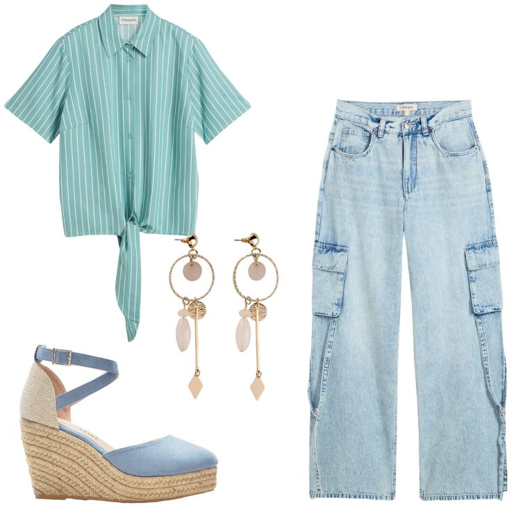 Outfit donna - Total look #2212015. Stile Casual per Ufficio. Abbinamento con camicie a manica corta, orecchini, sandali, jeans.