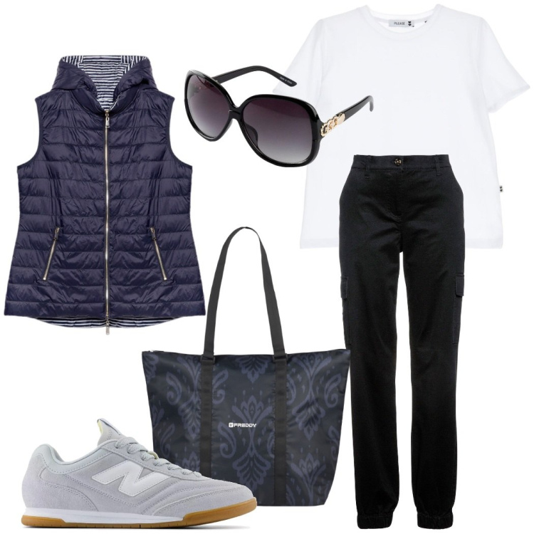 Outfit donna - Fine settimana in montagna. Stile Sporty chic per Tutti i giorni. Abbinamento con pantaloni cargo, occhiali da sole, sneakers, t-shirt, shopping bag, piumini.