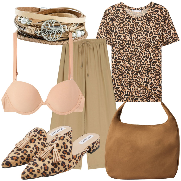 Outfit donna - Ufficio graffiante elegante. Stile Urban per Ufficio. Abbinamento con braccialetti, sabot, t-shirt, borse a mano, reggiseni, pantaloni.