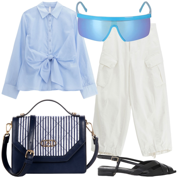 Outfit donna - La camicia col nodo. Stile Trendy per Ufficio. Abbinamento con borse a mano, pantaloni, camicie, sandali, occhiali da sole.