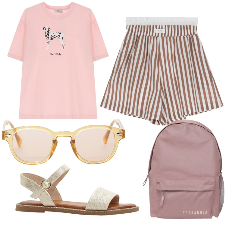 Outfit donna - Fuori con Fido. Stile Casual per Tutti i giorni. Abbinamento con sandali, zaini, occhiali da sole, pantaloni corti, t-shirt.
