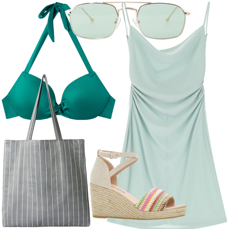 Outfit donna - Il bikini smeraldo. Stile Trendy per Mare. Abbinamento con sandali, bikini, shopping bag, vestiti corti, occhiali da sole.