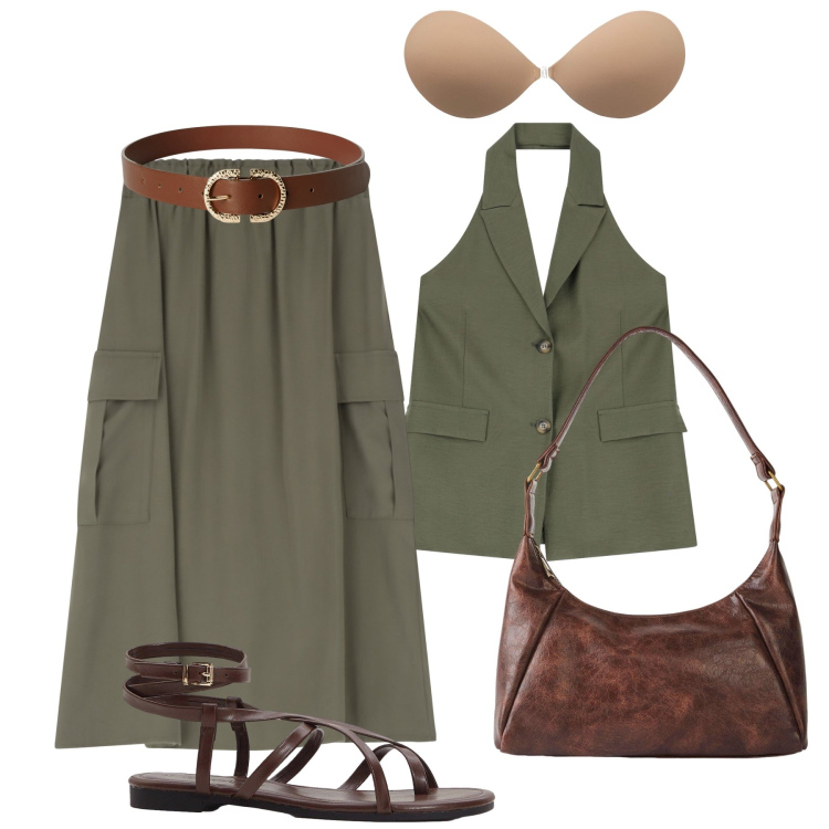 Outfit donna - La gonna cargo con il gilet. Stile Trendy per Tutti i giorni. Abbinamento con borse a mano, sandali, reggiseni, cinture, gonne lunghe, gilet.
