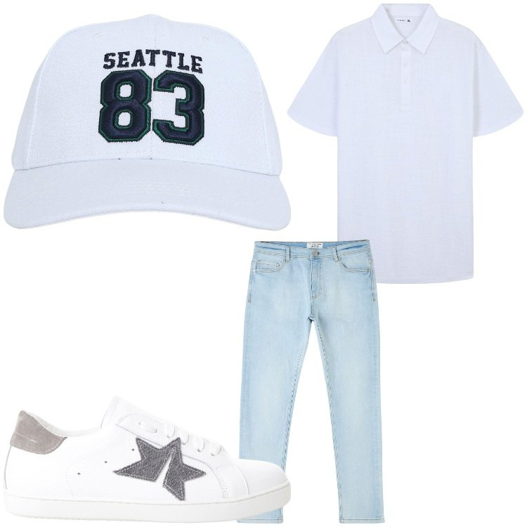 Outfit uomo - Bianco e jeans. Stile Casual per Tutti i giorni. Abbinamento con jeans skinny, cappelli, polo, sneakers.