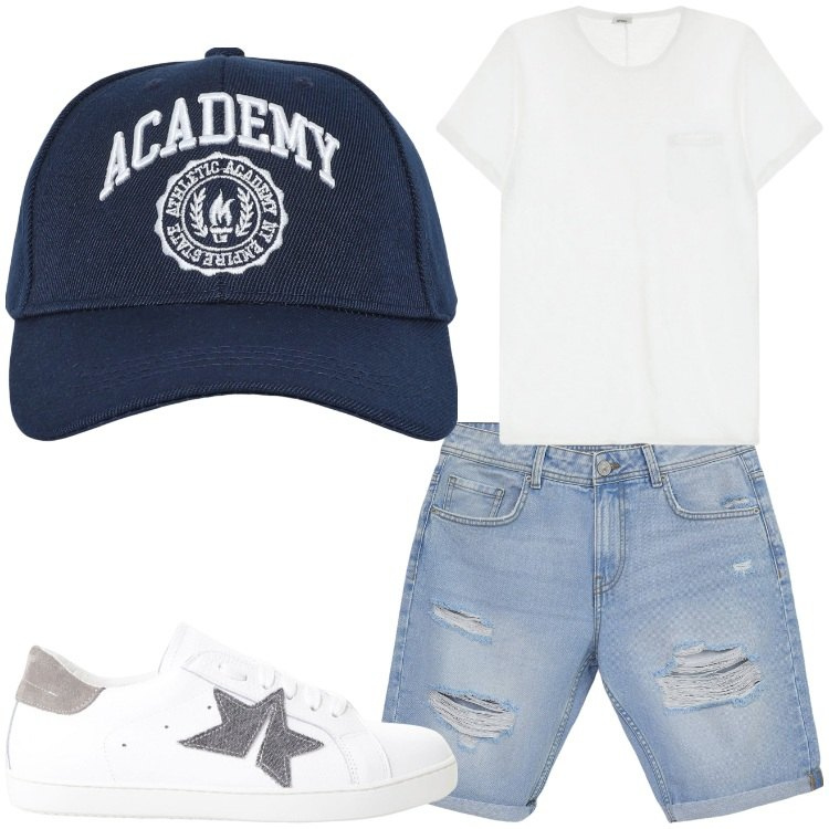 Outfit uomo - Casual. Stile Casual per Tutti i giorni. Abbinamento con cappelli con visiera, bermuda, sneakers, t-shirt.