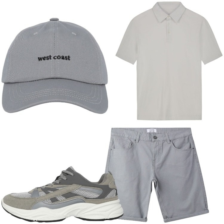 Outfit uomo - Estate in grigio. Stile Casual per Tutti i giorni. Abbinamento con cappelli con visiera, bermuda, sneakers, polo.
