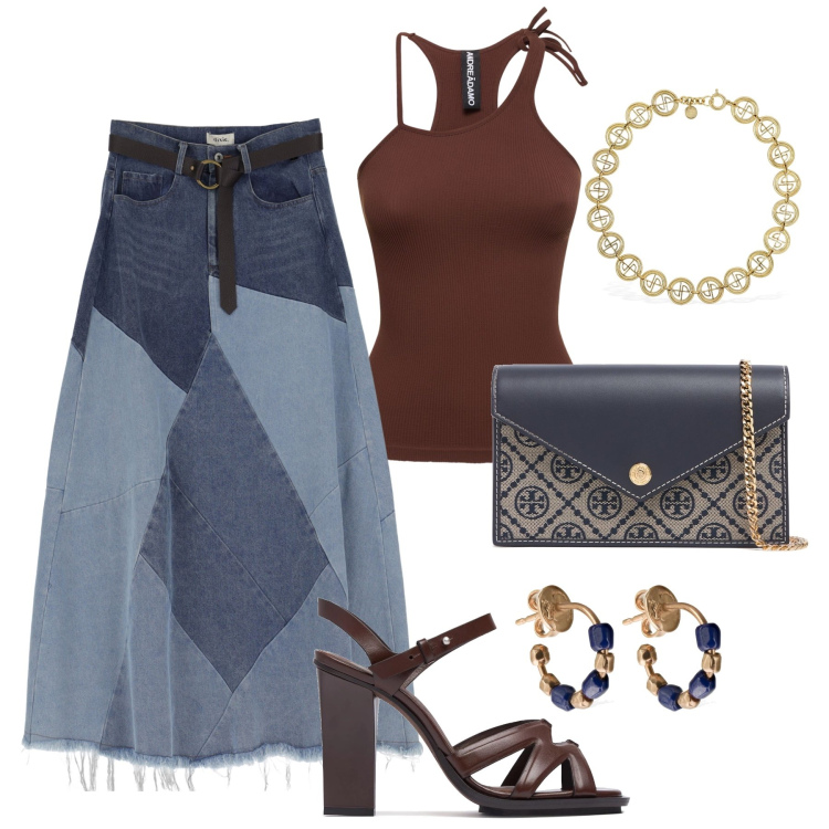 Outfit donna - Serata informale boho chic. Stile Boho per Serata fuori. Abbinamento con gonne longuette, orecchini, collane, canottiere, pochette, sandali in pelle.