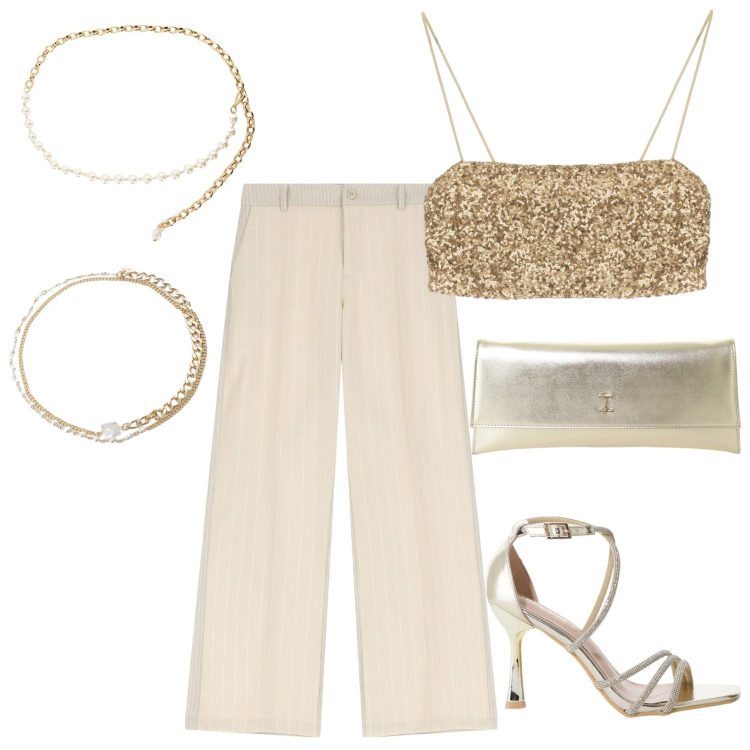 Outfit donna - Total look #2212047. Stile Casual chic per Serata fuori. Abbinamento con pantaloni, sandali col tacco, pochette, top, collane, braccialetti.