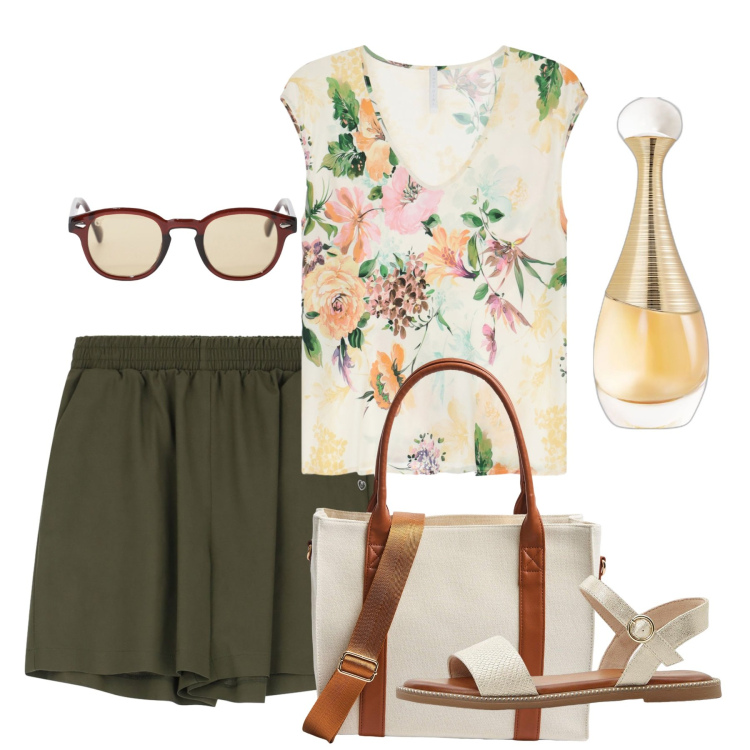 Outfit donna - Luglio. Stile Bon Ton per Tutti i giorni. Abbinamento con sandali, profumi, shopping bag, gonne, occhiali da sole, top.