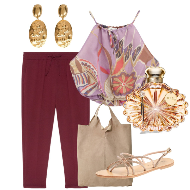 Outfit donna - Luglio. Stile Chic per Serata fuori. Abbinamento con profumi, sandali, top, shopping bag, pantaloni, orecchini.