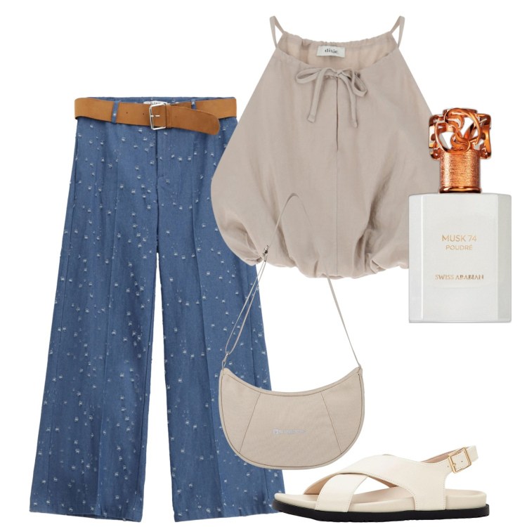 Outfit donna - Luglio. Stile Bon Ton per Ufficio. Abbinamento con sandali, profumi, pantaloni, borse a spalla, top.