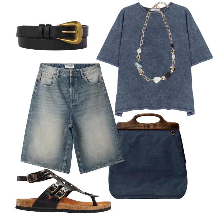 Outfit donna - Urbana delavé e mélange. Stile Urban per Tutti i giorni. Abbinamento con sandali in pelle, bermuda, t-shirt, borse a tracolla, collane, cinture.
