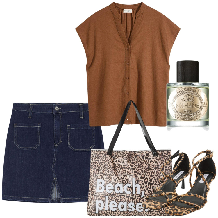 Outfit donna - Luglio animalier. Stile Casual chic per Tutti i giorni. Abbinamento con camicie a manica corta, profumi, sandali col tacco, borse tote, minigonne.