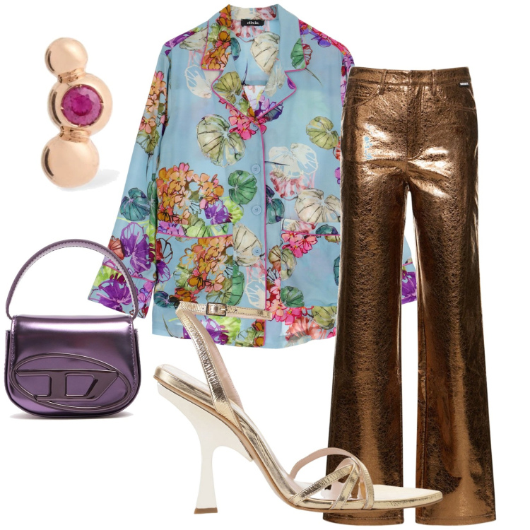 Outfit donna - Color chic. Stile Etnico per Cerimonia. Abbinamento con camicie, sandali col tacco, pantaloni, orecchini, borse a mano.