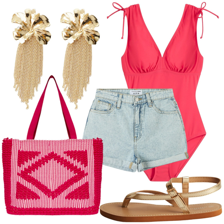 Outfit donna - Sul bagnasciuga. Stile Trendy per Mare. Abbinamento con costumi interi, shorts, ciabatte, orecchini, borse a mano.