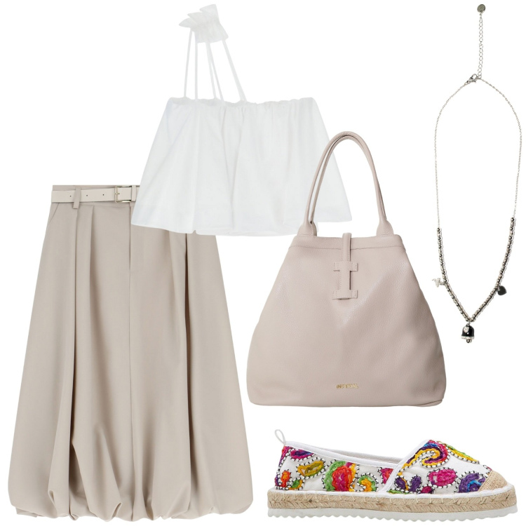 Outfit donna - Total look #2212063. Stile Minimal per Tutti i giorni. Abbinamento con espadrillas, top, gonne longuette, borse tote, ciondoli.