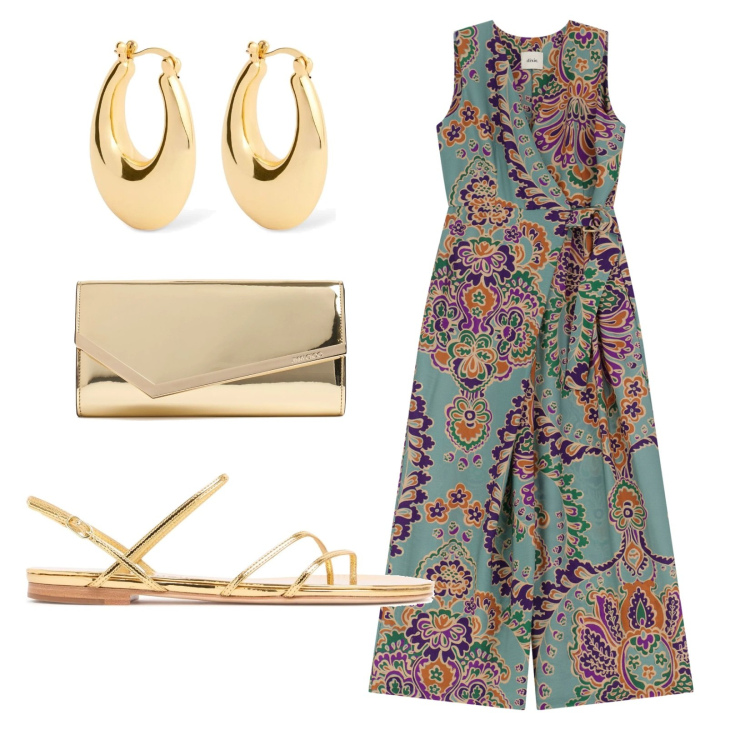 Outfit donna - Boho chic. Stile Boho per Serata fuori. Abbinamento con tute, pochette, orecchini, sandali in pelle.
