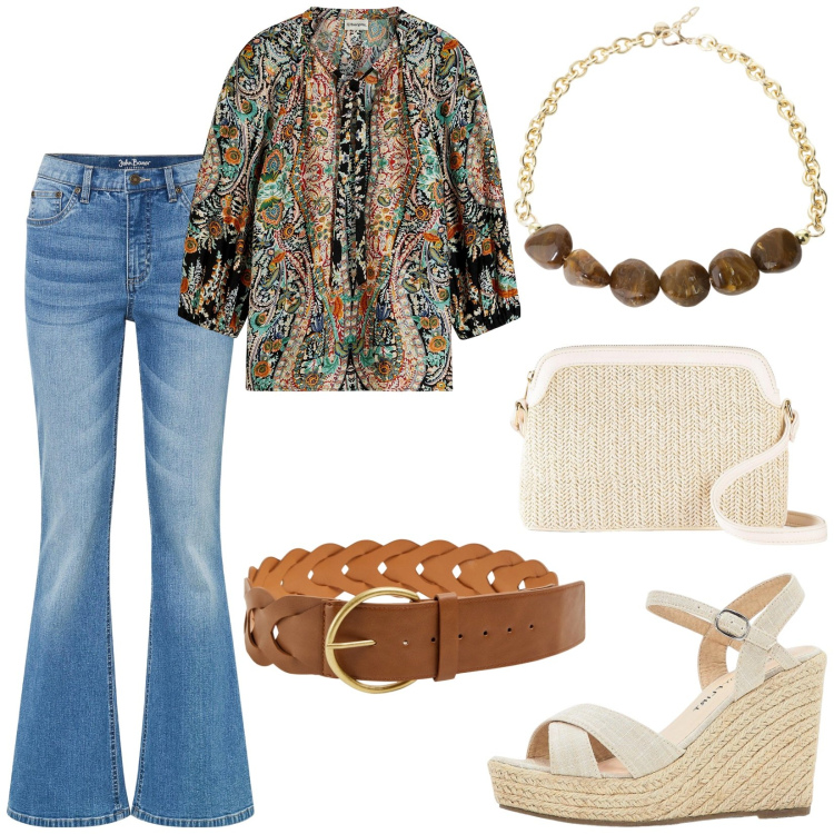 Outfit donna - Total look #2212068. Stile 70s per Tutti i giorni. Abbinamento con bluse, sandali, jeans a zampa, borse a tracolla, cinture, collane.