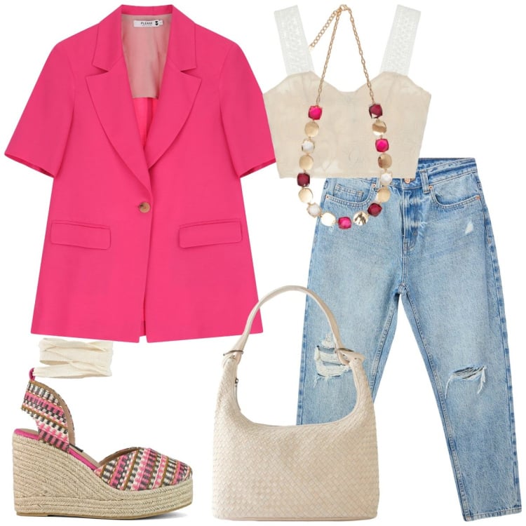 Outfit donna - Stile e comodità. Stile Trendy per Tutti i giorni. Abbinamento con shopping bag, jeans mom, blazer, top, zeppe, collane.