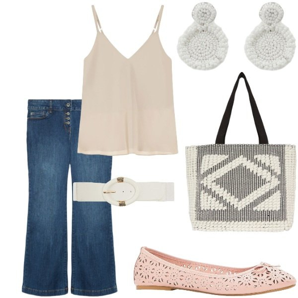 Outfit donna - Le serate di Luglio. Stile Casual per Tutti i giorni. Abbinamento con ballerine, cinture, top, orecchini, shopping bag, jeans.