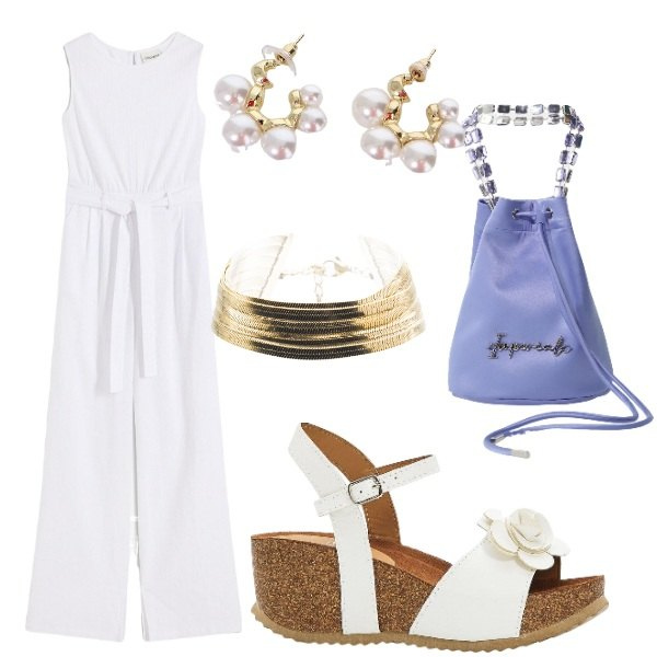 Outfit donna - Le serate di Luglio. Stile Casual chic per Serata fuori. Abbinamento con tute, sandali, borse a secchiello, orecchini, braccialetti.