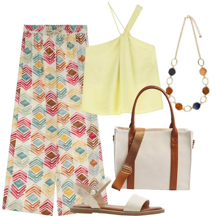 Outfit donna - Leggera in estate. Stile Casual per Mare. Abbinamento con sandali, shopping bag, pantaloni, top, collane.