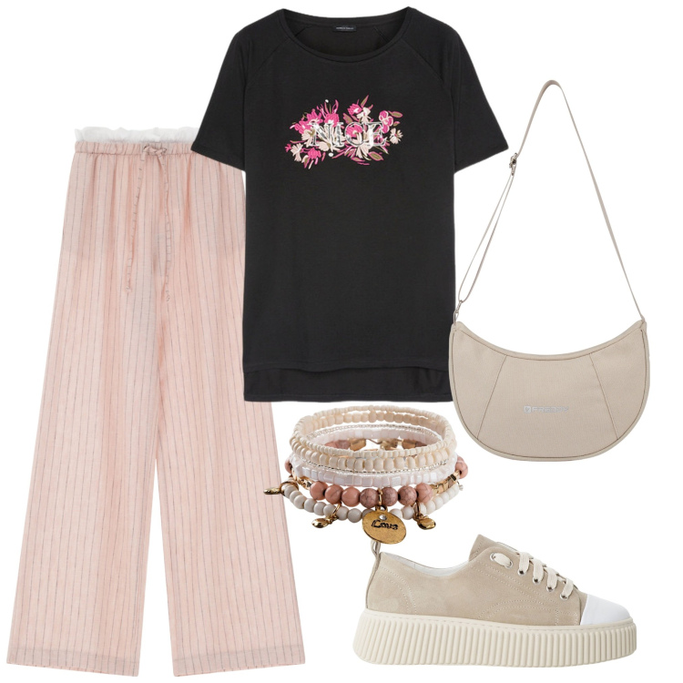 Outfit donna - Da ragazza. Stile Casual per Tutti i giorni. Abbinamento con braccialetti, sneakers, pantaloni, borse a spalla, t-shirt.