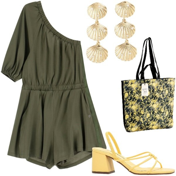 Outfit donna - Le serate di Luglio. Stile Casual per Tutti i giorni. Abbinamento con sandali col tacco, orecchini, borse tote, tute.