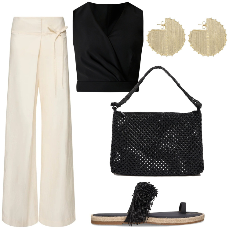 Outfit donna - Total look #2212082. Stile Etnico per Tutti i giorni. Abbinamento con top, orecchini, borse a spalla, sandali in pelle, pantaloni.